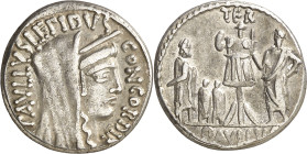 (62 a.C.). Gens Aemilia. Denario. (Bab. 10) (Craw. 415/1). Anv.: PAVLLVS LEPIDVS. CONCORDIA. Cabeza velada y diademada de la Concordia. Rev.: PAVLLVS ...