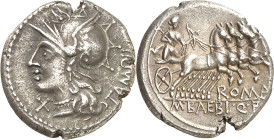 (hacia 137 a.C.). Gens Baebia. Denario. (Bab. 12) (Craw. 236/1a). Anv.: TAMPIL. Cabeza galeada de Roma a izquierda, bajo el mentón . Rev.: ROMA. M. BA...