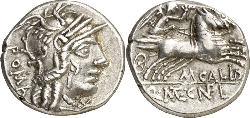(hacia 117-116 a.C.). Gens Calidia. Denario. (Bab. 1) (Craw. 284/1a). Anv.: ROMA...