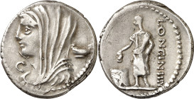 (hacia 63 a.C.). Gens Cassia. Denario. (Bab. 10) (Craw. 413/1). Anv.: Busto velado y drapeado de Vesta a izquierda, detrás kylix, bajo el mentón C. Re...