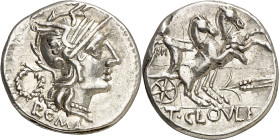 (hacia 128 a.C.). Gens Cloulia. Denario. (Bab. 1) (Craw. 260/1). Anv.: ROMA. Cabeza galeada de Roma, detrás láurea. Rev.: T. CLOVLI. Victoria en biga ...