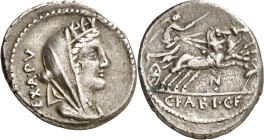 (hacia 102 a.C.). Gens Fabia. Denario. (Bab. 14) (Craw. 322/1b). Anv.: EX A. PV. Cabeza velada y torreada de Cibeles. Rev.: C. FABI. C. F. Victoria co...