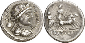 (hacia 75 a.C.). Gens Farsuleia. Denario. (Bab. 1) (Craw. 392/1a). Anv.: MENSOR. S. C. (bajo el mentón). Busto diademado y drapeado de la Libertad, de...