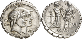 (hacia 70 a.C.). Gens Fufia. Denario. (Bab. 1) (Craw. 403/1). Anv.: KALEN(I). Cabezas acodadas del Honor, laureada y la Valentía, galeada, entre HO. y...