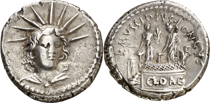 (hacia 42 a.C.). Gens Mussidia. Denario. (Bab. 7) (S. 7a) (Craw. 494/43b). Anv.:...