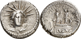 (hacia 42 a.C.). Gens Mussidia. Denario. (Bab. 7) (S. 7a) (Craw. 494/43b). Anv.: Busto radiado y drapeado del Sol de frente. Rev.: L. MVSSIDIVS LONGVS...
