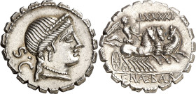 (hacia 79 a.C.). Gens Naevia. Denario. (Bab. 6) (Craw. 382/1b). Anv.: S. c. Cabeza diademada de Venus. Rev.: C. NAE. BALB. Victoria en triga al galope...