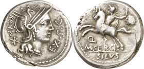 (hacia 116-115 a.C.). Gens Sergia. Denario. (Bab. 1) (S. 1a) (Craw. 286/1, ver nota. Anv.: EX S. C. ROMA. Cabeza galeada de Roma, detrás . Rev.: M. SE...