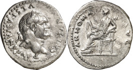 (77-78 d.C.). Vespasiano. Denario. (Spink 2280 var) (S. 28) (RIC. 964). Anv.: CAESAR VESPASIANVS AVG. Su cabeza laureada. Rev.: ANNONA AVG. Annona sen...