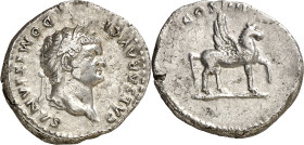 (76-77 d.C.). Domiciano. Denario. (Spink 2637) (S. 47) (RIC. 921, de Vespasiano). Anv.: CAESAR AVG. F. DOMITIANVS. Su cabeza laureada. Rev.: COS. IIII...