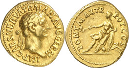 (99 d.C.). Trajano. Áureo. (Spink 3101) (Co. 290) (RIC. 15) (Calicó 1070). Anv.: IMP. CAES. NERVA TRAIAN. AVG. GERM. Su cabeza laureada. Rev.: PONT. M...