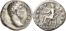 (137 d.C.). Aelio. Denario. (Spink 3967 var) (S. 1) (RIC. 2625). Anv.: L. AELIVS CAESAR. Su cabeza desnuda. Rev.: CONCORD. (en exergo) TR. POT. COS. I...