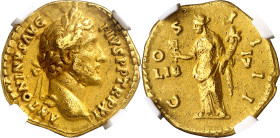 (148 d.C.). Antonino pío. Áureo. (Spink 4010) (Co. 504) (RIC. 169a) (Calicó 1577). Anv.: ANTONINVS AVG. PIVS P. P. TR. P. XI. Su cabeza laureada. Rev....