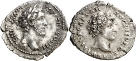 (141 d.C.). Antonino pío y Marco Aurelio. Denario. (Spink 4524) (S. 15) (RIC. 417a). Anv.: ANTONINVS AVG. PIVS P. P. TR. P. COS. III. Cabeza laureada ...