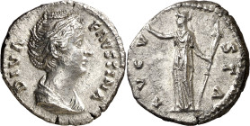 (después 147 d.C.). Faustina madre. Denario. (Spink 4583) (S. 101a) (RIC. 361). Anv.: DIVA FAVSTINA. Su busto drapeado. Rev.: AVGVSTA. Ceres en pie a ...