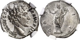 (145 d.C.). Marco Aurelio. Denario. (Spink 4782 var) (S. 110) (RIC. 429a, de Antonino pío). Anv.: AVRELIVS CAESAR AVG. PII F. Su cabeza desnuda. Rev.:...