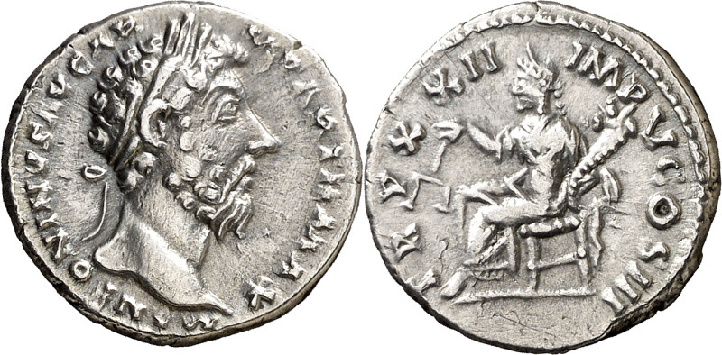 (168 d.C.). Marco Aurelio. Denario. (Spink 4936) (S. 899) (RIC. 191). Anv.: M. A...