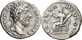 (168 d.C.). Marco Aurelio. Denario. (Spink 4936) (S. 899) (RIC. 191). Anv.: M. ANTONINVS AVG. ARM. PARTH. MAX. Su cabeza laureada. Rev.: TR. P. XXII I...