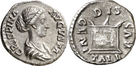 (180-182 d.C.). Crispina. Denario. (Spink 5999) (S. 16) (RIC. 281). Anv.: CRISPINA AVGVSTA. Su busto drapeado. Rev.: DIS GENITALIBVS. Altar. 2,54 g. E...