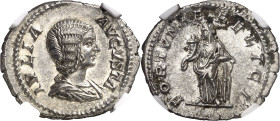 (210 d.C.). Julia Domna. Denario. (Spink 6583) (S. 55) (RIC. 552). Anv.: IVLIA AVGVSTA. Su busto drapeado. Rev.: FORTVNAE FELICI. La Fortuna en pie a ...