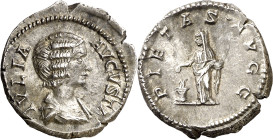 (204 d.C.). Julia Domna. Denario. (Spink 6600) (S. 150) (RIC. 572). Anv.: IVLIA AVGVSTA. Su busto drapeado. Rev.: PIETAS AVGG. La Piedad velada en pie...