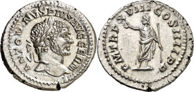 (215 d.C.). Caracalla. Denario. (Spink 6829 var) (S. 296) (RIC. 263f). Anv.: ANTONINVS PIVS AVG. GERM. Su cabeza laureada. Rev.: P. M. TR. P. XVIII CO...