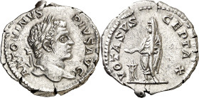 (206 d.C.). Caracalla. Denario. (Spink 6909 var) (S. 689) (RIC. 179). Anv.: ANTONINVS PIVS AVG. Su cabeza laureada. Rev.: VOTA SVSCEPTA X. Caracalla v...