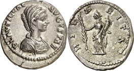 (202 d.C.). Plautilla. Denario. (Spink 7071) (S. 14) (RIC. 371). Anv.: PLAVTILLAE AVGVSTAE. Su busto drapeado. Rev.: HILARITAS. La Alegría en pie a iz...