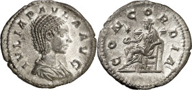 (220 d.C.). Julia Paula. Denario. (Spink 7655) (S. 6a) (RIC. 211). Anv.: IVLIA PAVLA AVG. Su busto drapeado. Rev.: CONCORDIA. La Concordia sentada a i...