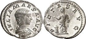 (218-220 d.C.). Julia Maesa. Denario. (Spink 7754) (S. 29) (RIC. 263). Anv.: IVLIA MAESA AVG. Su busto drapeado. Rev.: PIETAS AVG. La Piedad velada en...