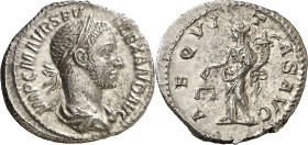 (226 d.C.). Alejandro Severo. Denario. (Spink 7856 var, ver nota) (S. 9) (RIC. 127). Anv.: IMP. C. M. AVR. SEV. ALEXAND. AVG. Su busto laureado y drap...