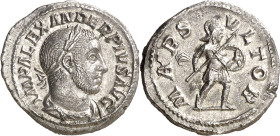 (232 d.C.). Alejandro Severo. Denario. (Spink 7882) (S. 161c) (RIC. 246). Anv.: IMP. ALEXANDER PIVS AVG. Su busto laureado y drapeado. Rev.: MARS VLTO...