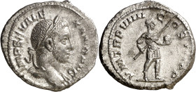 (230 d.C.). Alejandro Severo. Denario. (Spink 7911 var) (S. 401a) (RIC. 105). Anv.: IMP. SEV. ALEXAND. AVG. Su busto laureado. Rev.: P. M. TR. P. VIII...