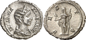 (226 d.C.). Julia Mamaea. Denario. (Spink 8217) (S. 81) (RIC. 360). Anv.: IVLIA MAMAEA AVG. Su busto diademado y drapeado. Rev.: VESTA. Vesta velada e...
