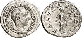 (241-242 d.C.). Gordiano III. Denario. (Spink 8681) (S. 325) (RIC. 129A). Anv.: IMP. GORDIANVS PIVS FEL. AVG. Su busto laureado, drapeado y acorazado....