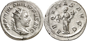 (245-247 d.C.). Filipo I. Antoniniano. (Spink 8918) (S. 9) (RIC. 27b). Anv.: IMP. M. IVL. PHILIPPVS AVG. Su busto radiado, drapeado y acorazado. Rev.:...