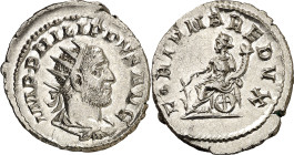 (249 d.C.). Filipo I. Antoniniano. (Spink 8933) (S. 65) (RIC. 63b). Anv.: IMP. PHILIPPVS AVG. Su busto radiado, drapeado y acorazado. Rev.: FORTVNA RE...