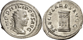 (248 d.C.). Filipo I. Antoniniano. (Spink 8961) (S. 193) (RIC. 24c). Anv.: IMP. PHILIPPVS AVG. Su busto radiado, drapeado y acorazado. Rev.: SAECVLARE...