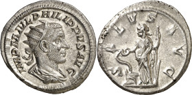 (244-245 d.C.). Filipo I. Antoniniano. (Spink 8964) (S. 205) (RIC. 47). Anv.: IMP. M. IVL. PHILIPPVS AVG. Su busto radiado, drapeado y acorazado. Rev....