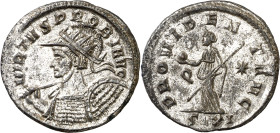 (280 d.C.). Probo. Antoniniano. (Spink 12014 var) (Co. 486) (RIC. 491). Anv.: VIRTVS PROBI AVG. Su busto acorazado a izquierda, con casco radiado, lan...