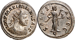(290-291 d.C.). Maximiano Hércules. Antoniniano. (Spink 13172 var) (Co. 516 var) (RIC. 422). Anv.: IMP. MAXIMIANVS AVG. Su busto radiado y acorazado. ...