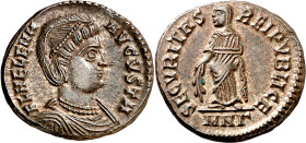 (325-326 d.C.). Helena. Nicomedia. AE 18. (Spink 16620) (Co. 12) (RIC. 129). Anv.: FL. HELENA AVGVSTA. Su busto diademado y drapeado. Rev.: SECVRITAS ...