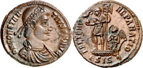(348-349 d.C.). Constancio II. Siscia. AE 19. (Spink 18260) (Co. 36) (RIC. 237). Anv.: D. N. CONSTANTIVS P. F. AVG. Su busto diademado, drapeado y aco...