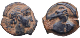 Greece (ancient) Carthaginian Empire Punic Iberia 220 BC - 215 BC AE 1/4 Tracing (Tanit & Horse head; Murcia) Bronze 1.92g VF FAB 556