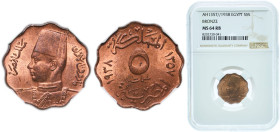Egypt Kingdom AH 1357 (1938) 5 Milliemes - Farouk Bronze Bombay Mint 4g NGC MS 64 KM 360 MHC 253