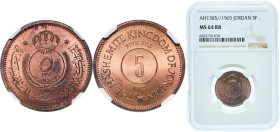 Jordan Kingdom AH 1385 (1965) 5 Fils Bronze Royal Mint (Tower Hill) (5000) 6g NGC MS 64 KM 9 Schön 9