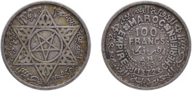 Morocco French Protectorate AH 1372 (1953) 100 Francs - Mohammed V Silver (.720) Paris Mint (20001070) 3.9g XF Y 52 Lec 288 Schön 44