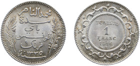 Tunisia French Protectorate AH 1335 (1916) A 1 Franc - Muhammad V Silver (.835) Paris Mint 5.04g BU Original luster KM 238