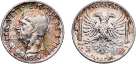 Albania Italian occupation 1939 R 5 Lek - Victor Emmanuel III Silver (.835) Rome Mint (1350000) 4.98g XF KM 33