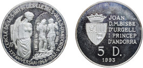 Andorra Principalty 1993 5 Diners - Joan Martí i Alanis (Andorran Circle of Arts) Silver (.925) Valcambi SA Mint (3000) 15.08g PF KM 102